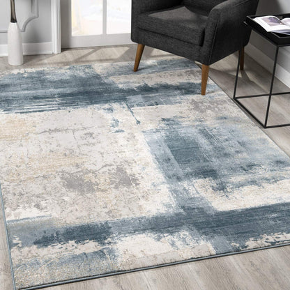 2’ x 8’ Cream and Blue Abstract Patches Runner Rug - Almondscove