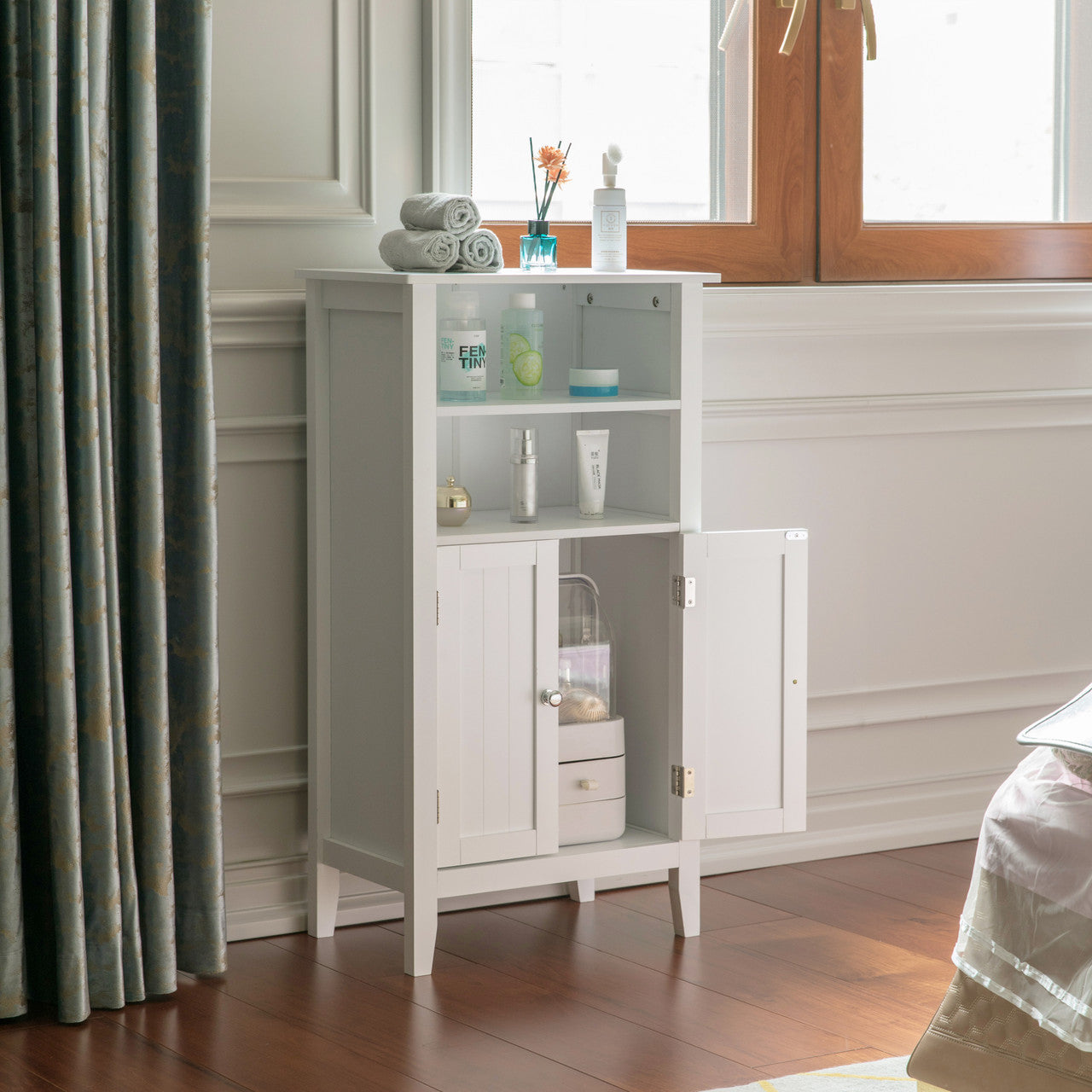 White Bathroom Storage Cabinet with 2 Doors and 2 Open Shelves for Bedroom, Bathroom, and Vanity - Almondscove