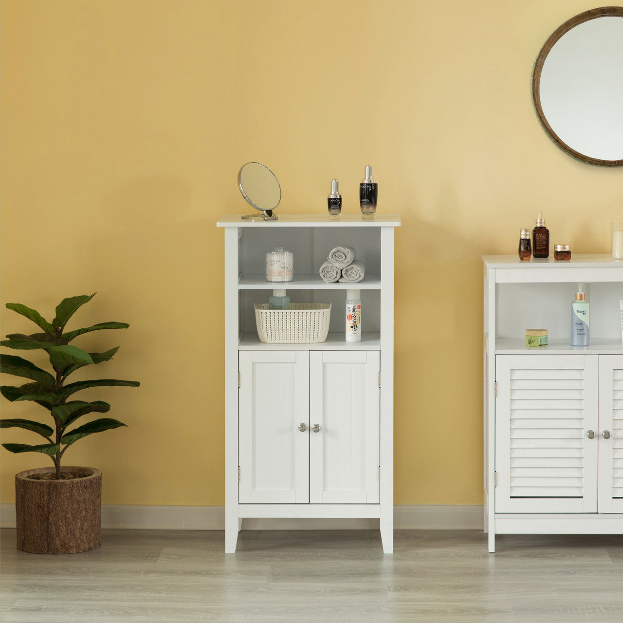 White Bathroom Storage Cabinet with 2 Doors and 2 Open Shelves for Bedroom, Bathroom, and Vanity - Almondscove