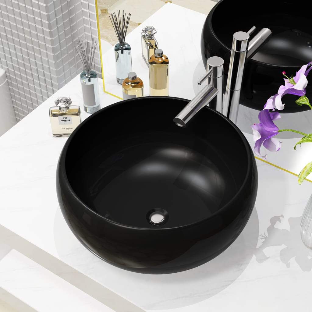 Basin Round Ceramic Wash Countertop Basin Sink Bathroom White/Black - Almondscove