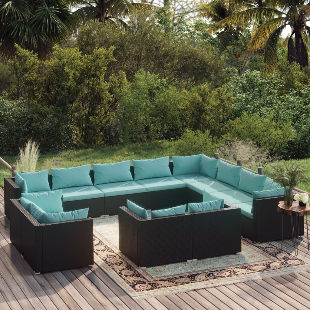 12 Piece Patio Lounge Set with Cushions Black Poly Rattan - Almondscove