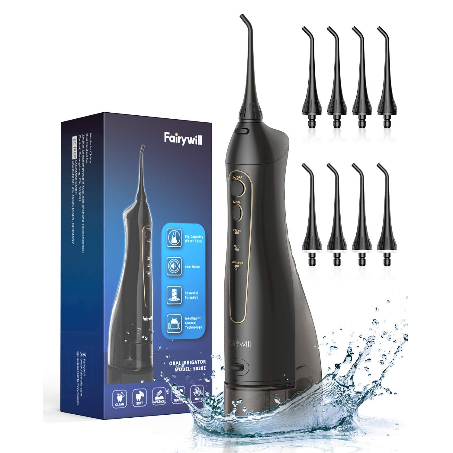 Fairywill 5020E Water flosser Professional Cordless Dental Oral Irrigator with 300ML Water Tank 3 Modes 8 Jet Tips - Almondscove