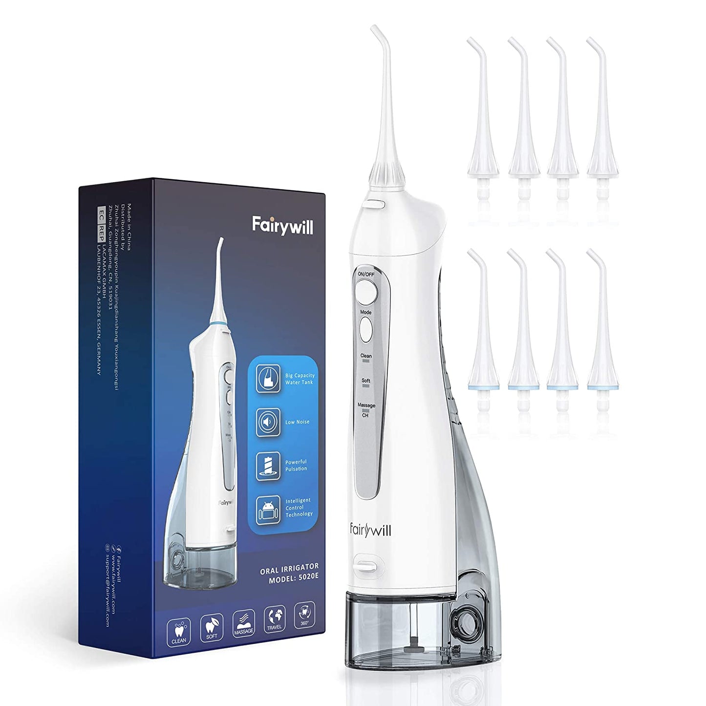 Fairywill 5020E Water flosser Professional Cordless Dental Oral Irrigator with 300ML Water Tank 3 Modes 8 Jet Tips - Almondscove