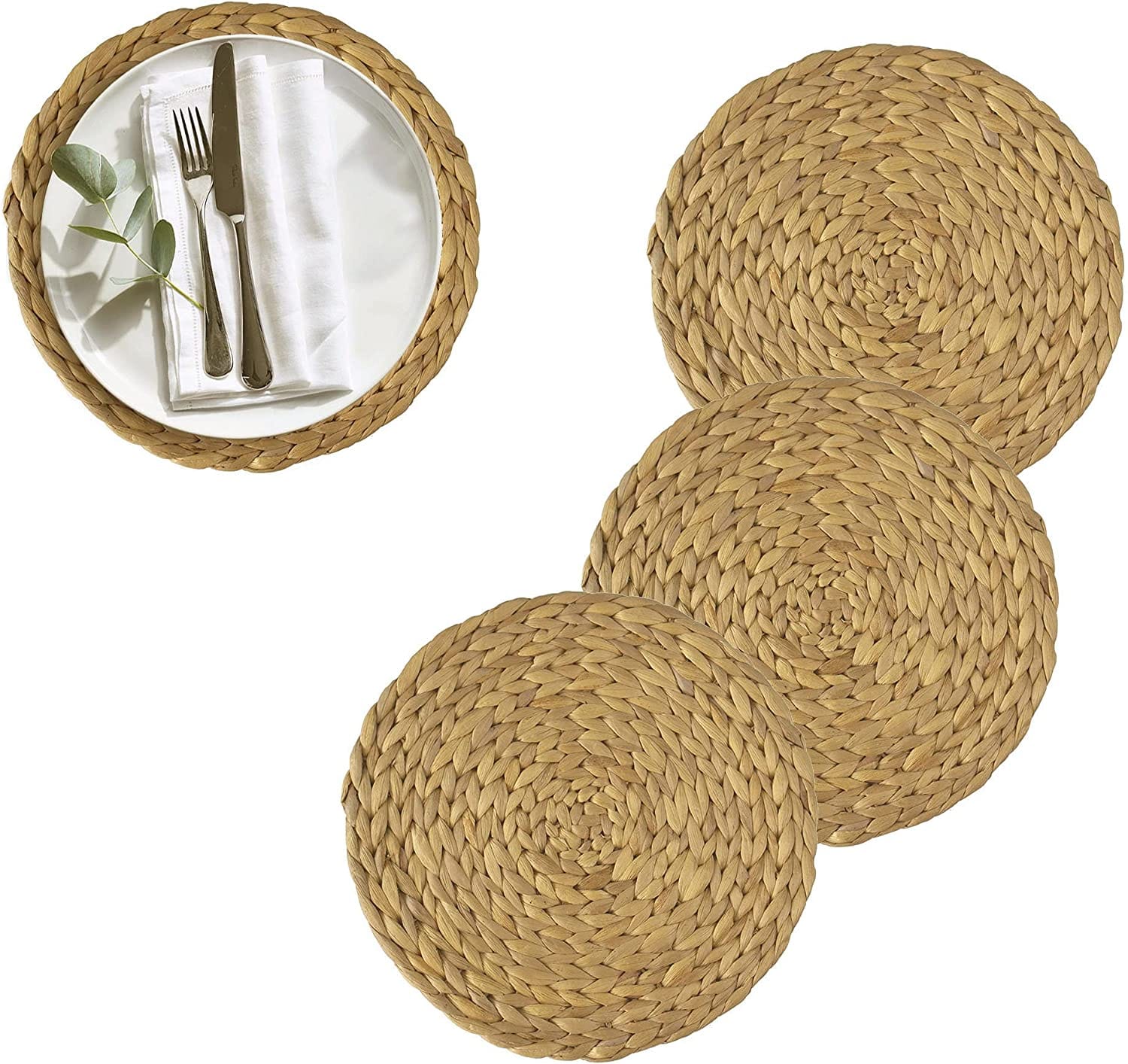 Set 4 Rustic Charger Plates Water Hyacinth Decorative Round Placemats for Dining Table - Almondscove