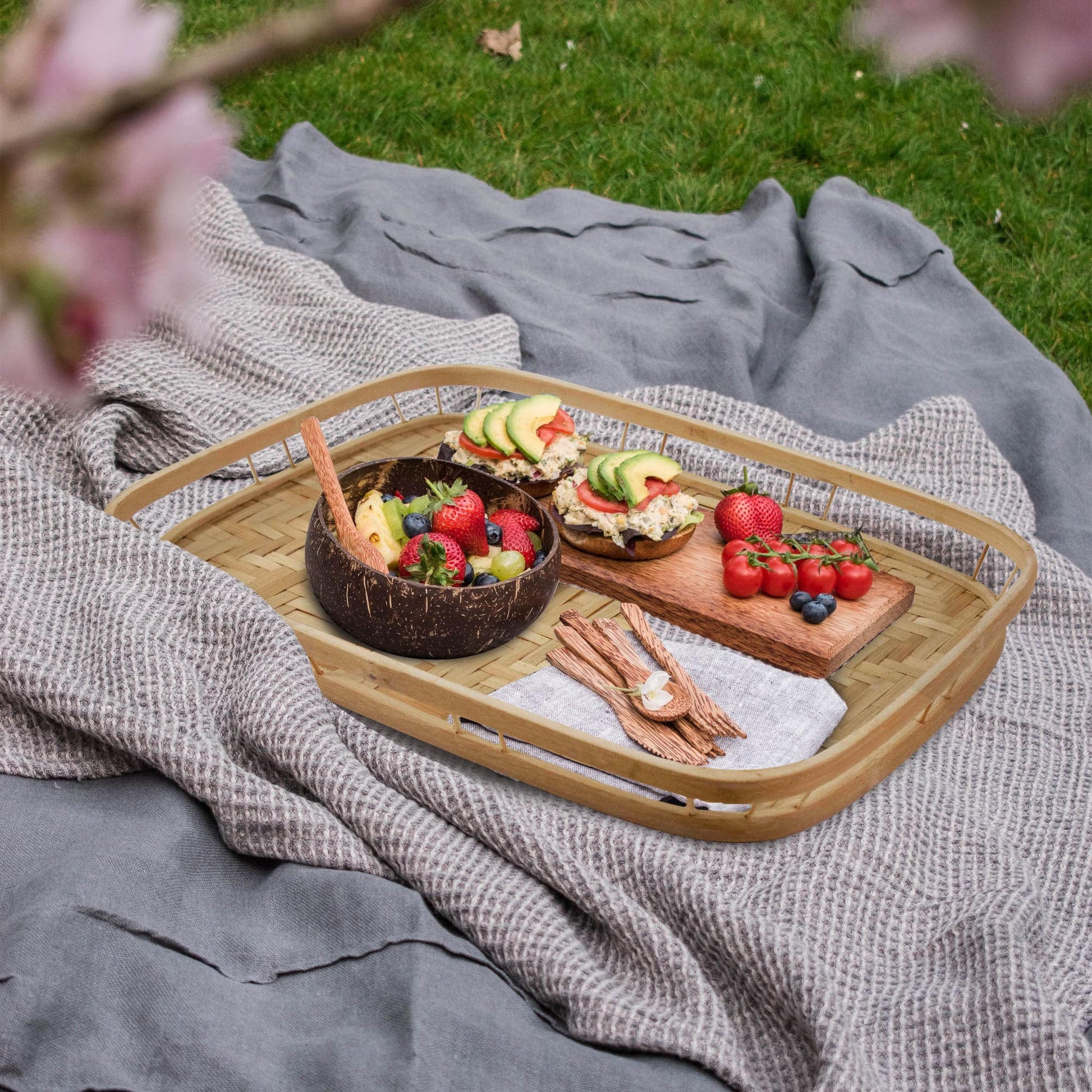 Bamboo Wicker Serving Trays with Handles | Handwoven & Decorative Trays for Dining Table - Almondscove