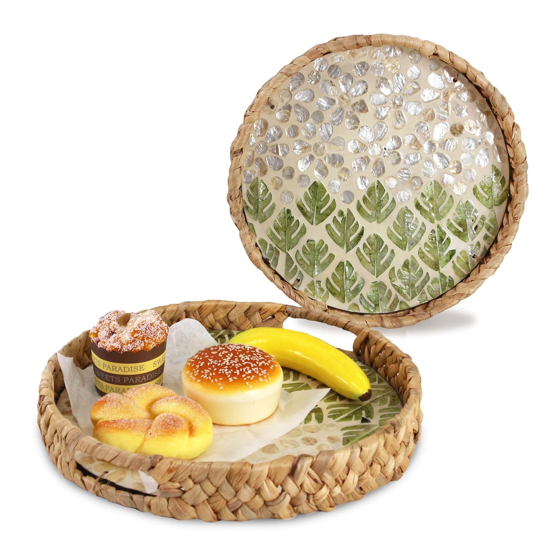 Round Water Hyacinth Tray with Mother of Pearl Inlay Wooden Base Insert Handle for Breakfast, Food, Coffee Table Decor, Decoration, Storage and Display - Almondscove