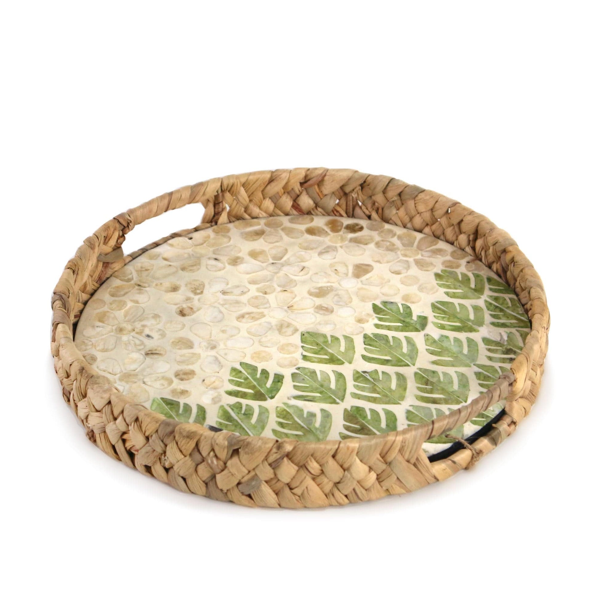 Round Water Hyacinth Tray with Mother of Pearl Inlay Wooden Base Insert Handle for Breakfast, Food, Coffee Table Decor, Decoration, Storage and Display - Almondscove